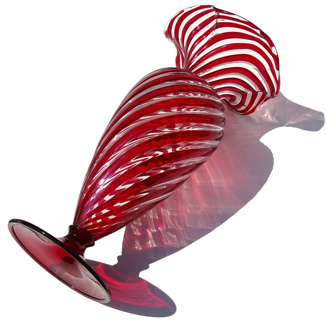 AVeM Italy Vintage Murano AVeM Swirling Ruby Red Clear Stripes Italian Art Glass Ruffle Rim Footed Flower Vase For Sale - Image 4 of 8