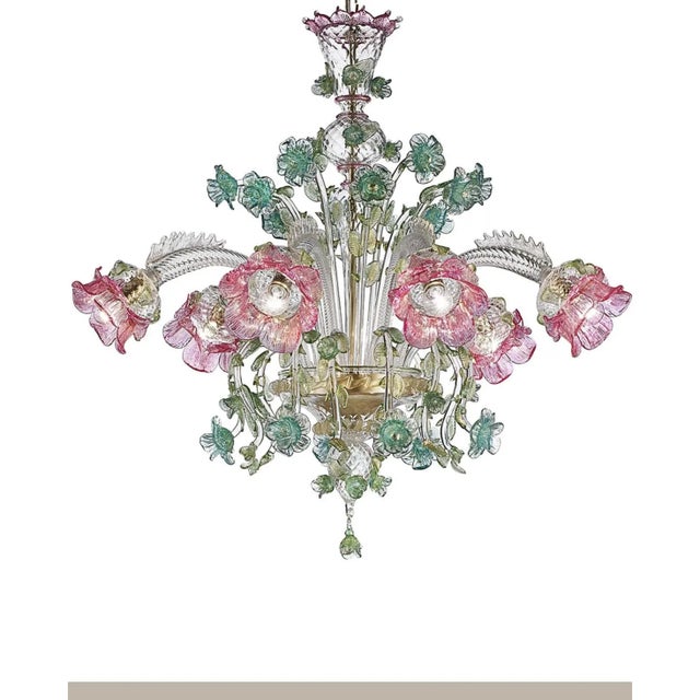 Ornate Venetian Pink and Green Floreal Murano Glass Chandelier For Sale - Image 4 of 6