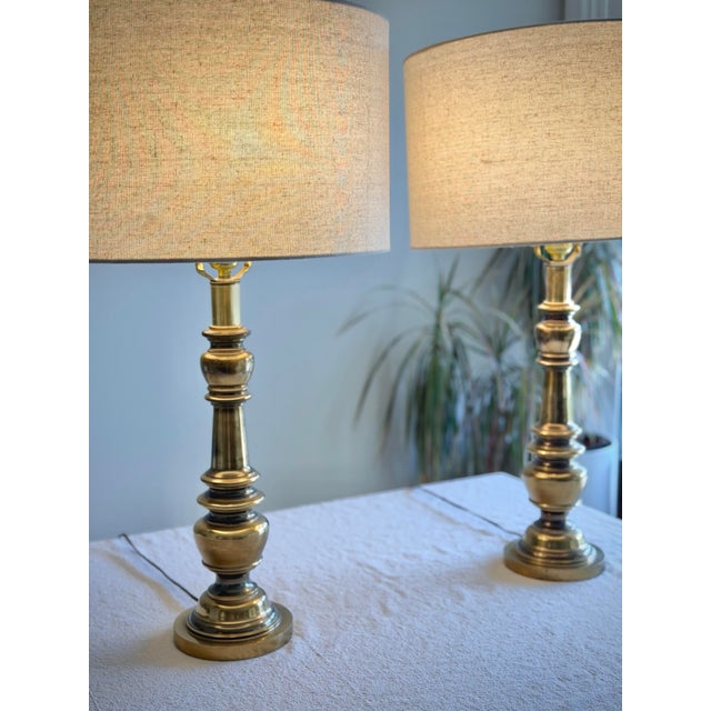 Vintage Brass Neoclassical Hollywood Regency Baluster Table Lamps With Linen Drum Shades - a Pair For Sale In Los Angeles - Image 6 of 12