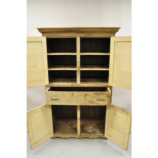 Antique French Country Farmhouse Beige Distressed Paint Kitchen Cupboard Cabinet For Sale - Image 4 of 13