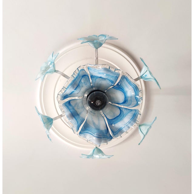 Vintage Murano Style Glass Chandelier, 1980s Blue Floral Lamp, Small Italian Ceiling Light For Sale - Image 9 of 13