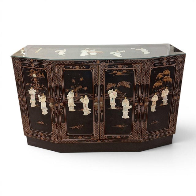 Vintage Chinoiserie Black Lacquer Mother-of-Pearl Four-Door Sideboard For Sale - Image 4 of 12