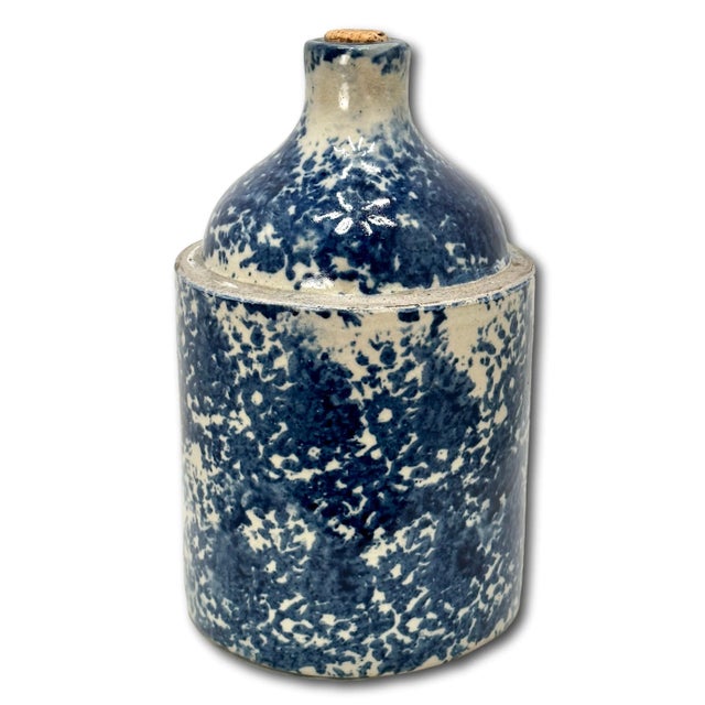 This Really is a Beautiful and Quite Rare Deep Blue Spongeware Decorated Antique American Stoneware Spirits Jug. Circa...