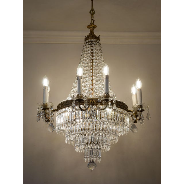 Traditional Italian Empire Style 12-Light Chandelier in Brass, Crystal and Cut Glass, 1940s For Sale - Image 3 of 15