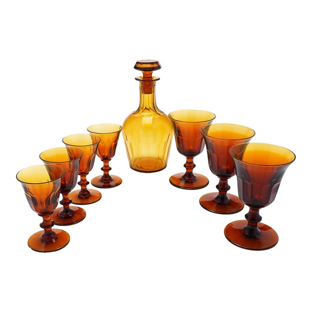 8 Piece Amber Glass Decanter and Stemware Set by Phineas Dummer, Circa 1830 For Sale