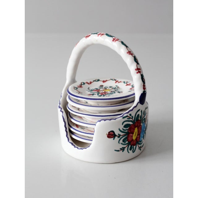Ceramic Vintage Crespo Spanish Faience Coaster Set With Basket Holder For Sale - Image 7 of 15