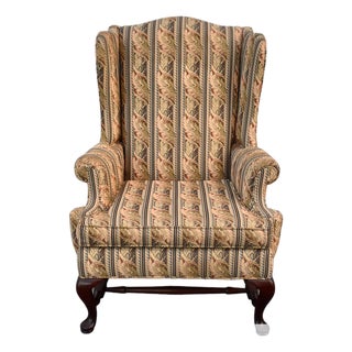 Vintage Queen Anne Wingback Chair Mahogany Cabriole Leg Striped Tapestry Floral For Sale