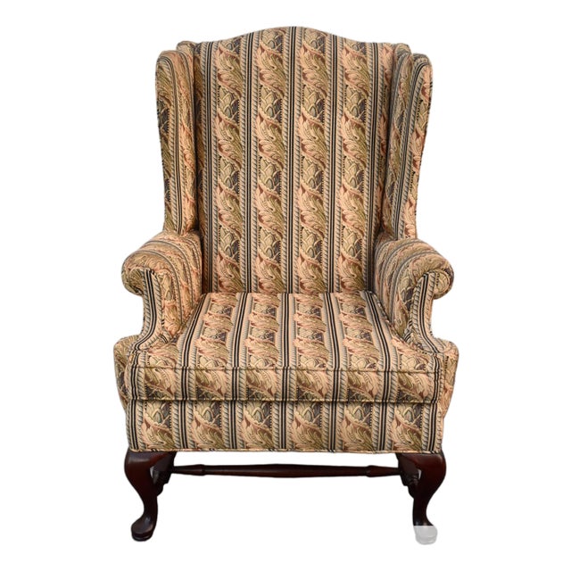 Vintage Queen Anne Wingback Chair Mahogany Cabriole Leg Striped Tapestry Floral For Sale