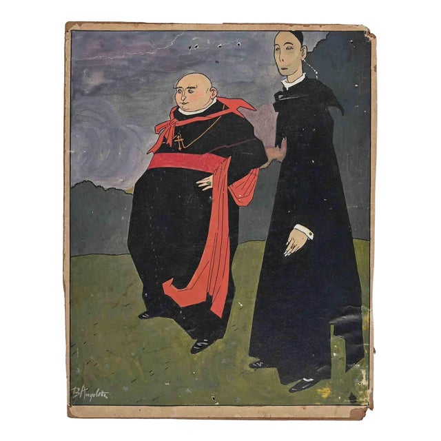 Bruno Angoletta, Priests, Original China Ink and Tempera, Early 20th-Century For Sale