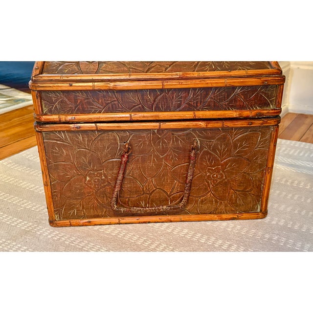 Late 20th Century Bamboo Wooden Storage Box With Woven Handles, Hand Carved For Sale - Image 5 of 11