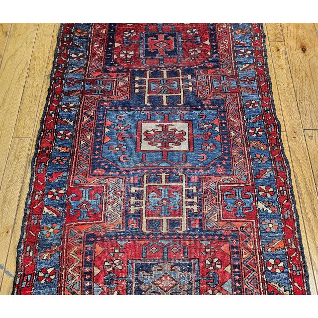 Antique Northwest Persian Runner Rug, Hand-Knotted Wool, Geometric Medallions Pattern, 3x10, Blue & Red For Sale - Image 9 of 15