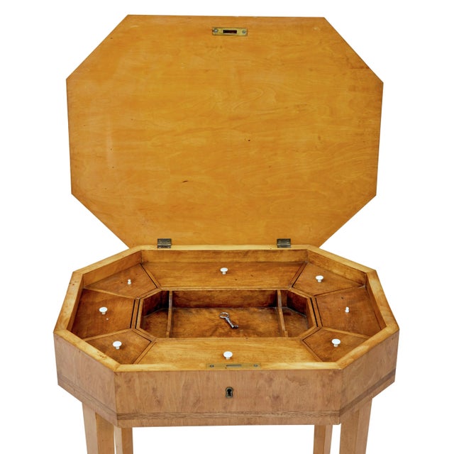 An English Turn of the Century birch work table circa 1900 with octagonal top. Step back into the early 1900s with this...