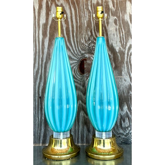 Mid 20th Century Italian Turquoise Glass Lamps After Murano For Sale In West Palm - Image 6 of 9