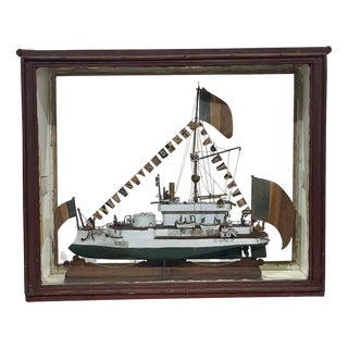 Early 20th Century Folk Art Model of a Torpedo Boat Under Glass For Sale