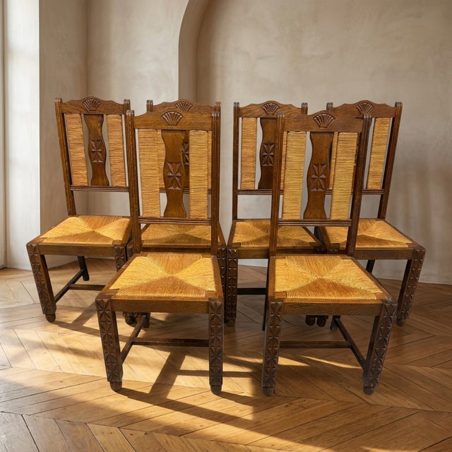 Brutalist Brutalist Dining Chairs in Straw and Ash Wood, France, 1950s, Set of 6 For Sale - Image 3 of 5