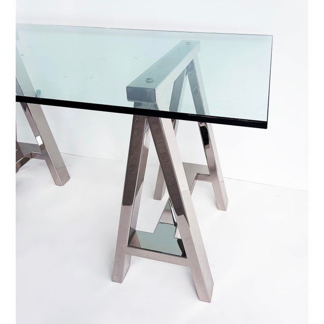 Williams Sonoma Home "Mason" Sawhorse Glass Top Table/Writing Desk For Sale In Miami - Image 6 of 15