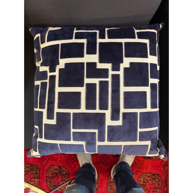 Dark Navy Blue and White Geometric Pillow With New Insert For Sale In Miami - Image 6 of 7