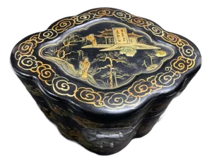 Black Chinese Box Black Lacquered Gilt Painted 1940s