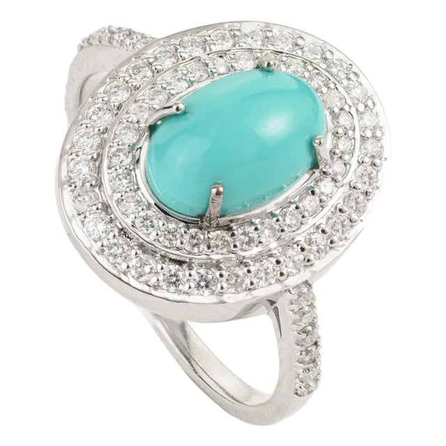 Early 18th Century 1.51ct Cabochon Turquoise & Diamond 14k Gold Ring Size 7 For Sale