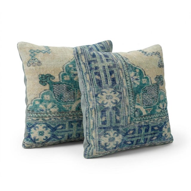 Mid-Century Modern Turkish Wool Rug Pillow Cover 20'' X 20'' - Set of Two For Sale - Image 3 of 4