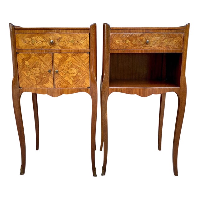 Pair of French Marquetry Bedside Tables with Drawer and Cabinet, 1940s For Sale