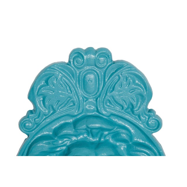 Metal Antique Cast Iron Wall-Mounted Teal Painted Garden Fountain With Lion Mask For Sale - Image 7 of 18
