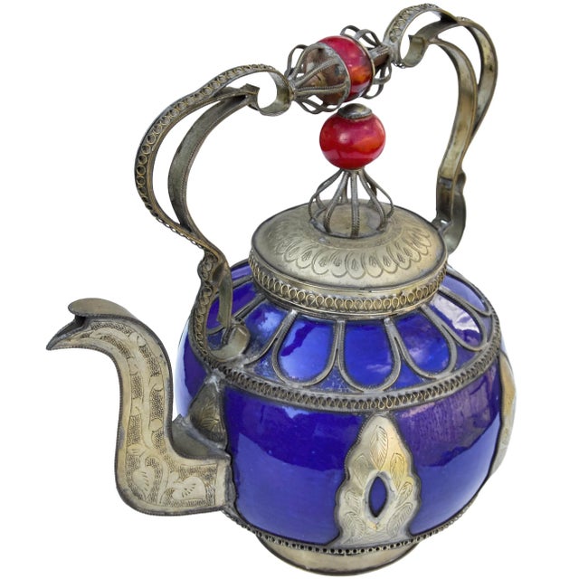 Blue Vintage Moroccan Blue Ceramic Kettle With Silver Engravings For Sale - Image 8 of 8