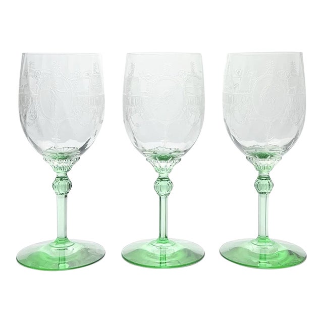 1920s Heisey “Diana Moongleam” Set of 3 Green Stem Water Glasses For Sale