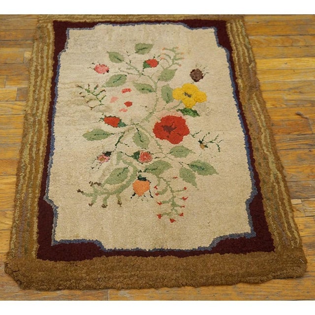 Allover Floral 1930s American Hooked Antique Ivory Beige Cream White Wool Rug, Circa Date: 1930s. This charming American...