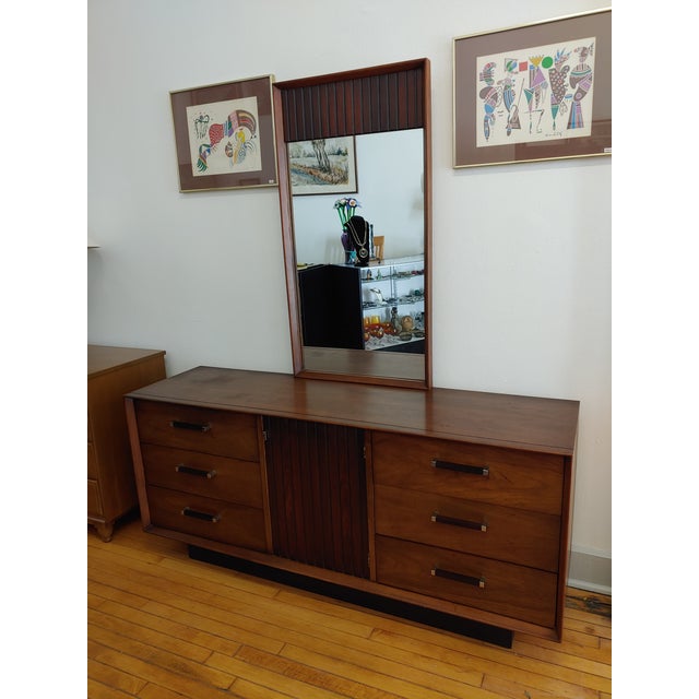 Vintage MCM Lane Tower Suite Walnut Rosewood Chrome Long Dresser With