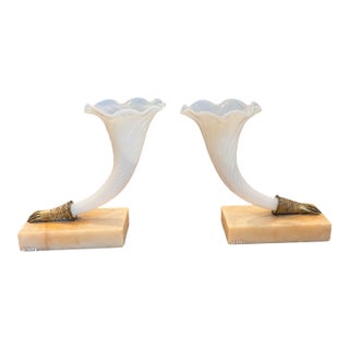 Pair of Mid 19th Century Opaline Glass Cornucopia Vases on Stone Bases For Sale
