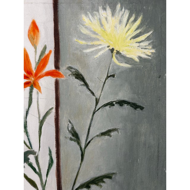 Textile Mid Century Vintage Large Floral Still Life Oil Painting on Canvas Yellow Flowers For Sale - Image 7 of 8