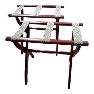 Vintage Mid-Century Scheibe Boston Folding Luggage Racks With Floral Tapestry – Pair For Sale
