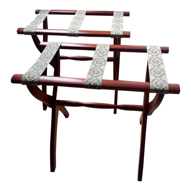 Vintage Mid-Century Scheibe Boston Folding Luggage Racks With Floral Tapestry – Pair For Sale