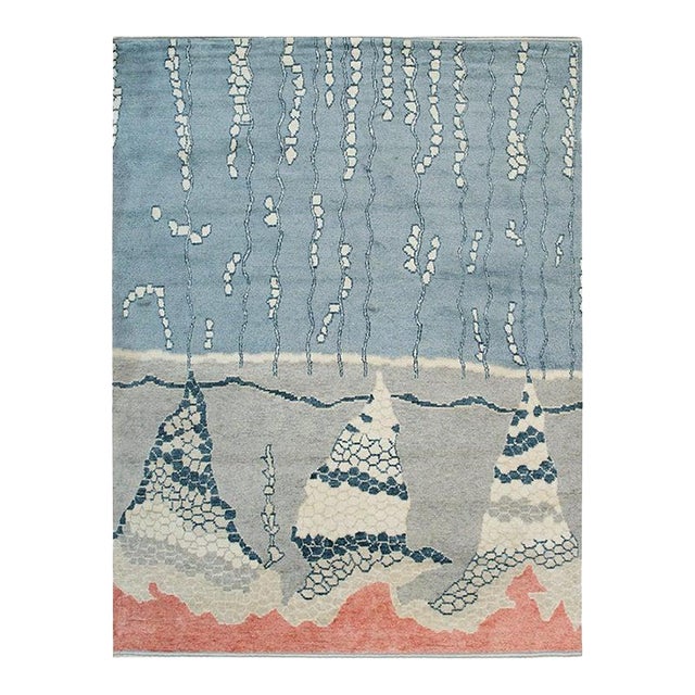 5x8 Multicolor Hand-Knotted Wool Abstract Mountainscape Geometric Carpet Rug For Sale