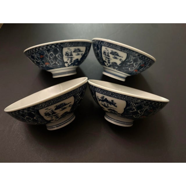 Set of 4 Aritaware Japanese Blue & White Porcelain Rice Bowls With Landscape Motifs, Mid-20th Century For Sale - Image 10 of 10