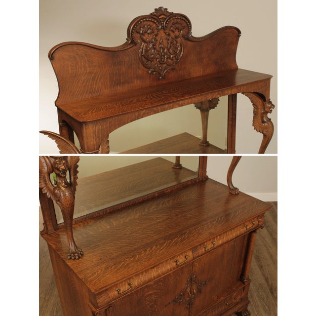 Late 19th Century Antique Victorian Winged Griffin Carved Oak Sideboard Buffet For Sale - Image 5 of 13