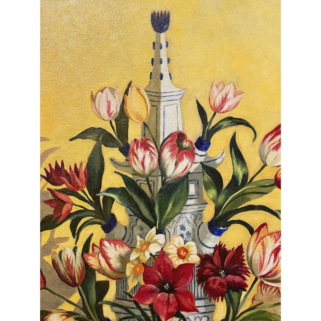 Faux Bamboo frame with brightly colored chinoiserie image with delft vase and magnificent flowers. Shading reminds me of...