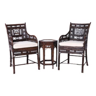 Chinese Export Bamboo and Rattan Pair of Chairs and Stand For Sale
