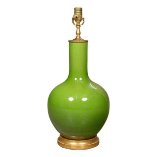 Apple Green Porcelain Vase Table Lamp on Gilt Base, Wired for the USA For Sale