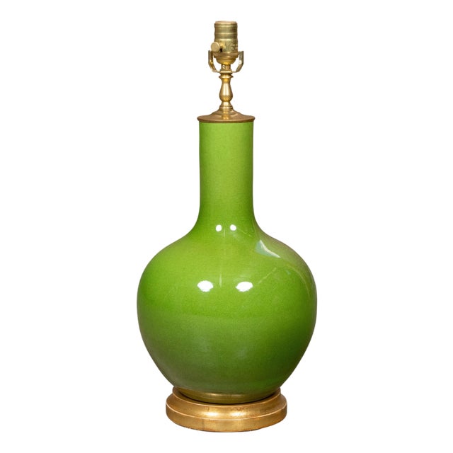 Apple Green Porcelain Vase Table Lamp on Gilt Base, Wired for the USA For Sale