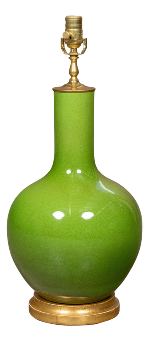 Apple Green Porcelain Vase Table Lamp on Gilt Base, Wired for the USA