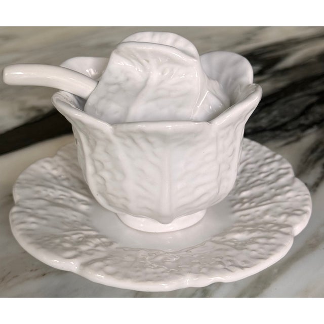 White Vintage Bordallo Pinheiro Style White Cabbageware Condiment Server For Sale - Image 8 of 8