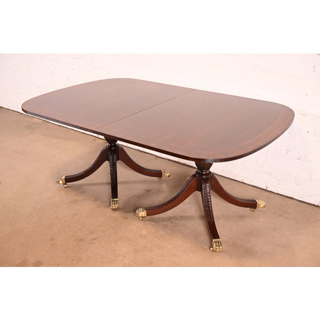 Wood Baker Furniture Style Georgian Mahogany Double Pedestal Extension Dining Table, Newly Refinished For Sale - Image 7 of 14