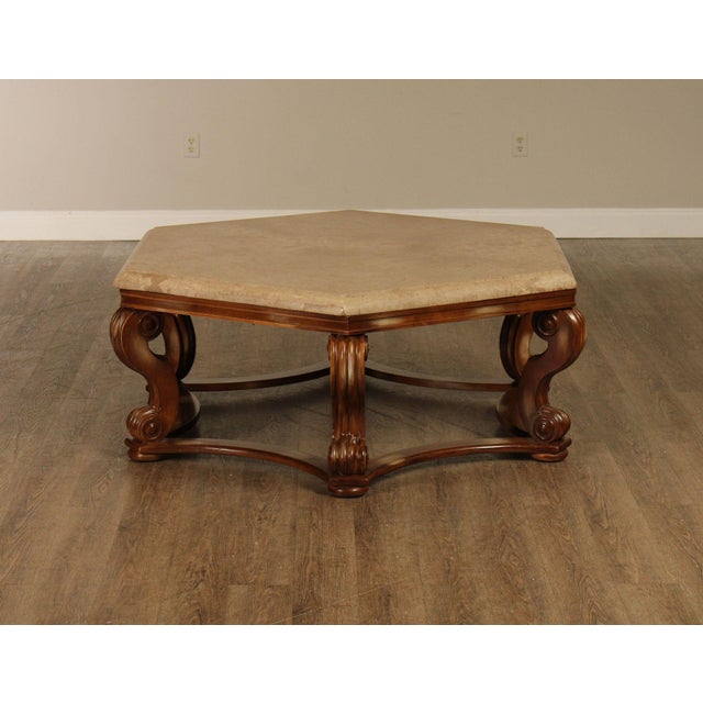 Century Furniture Tuscan Style Large Travertine Top Hexagonal Coffee Table For Sale - Image 15 of 18