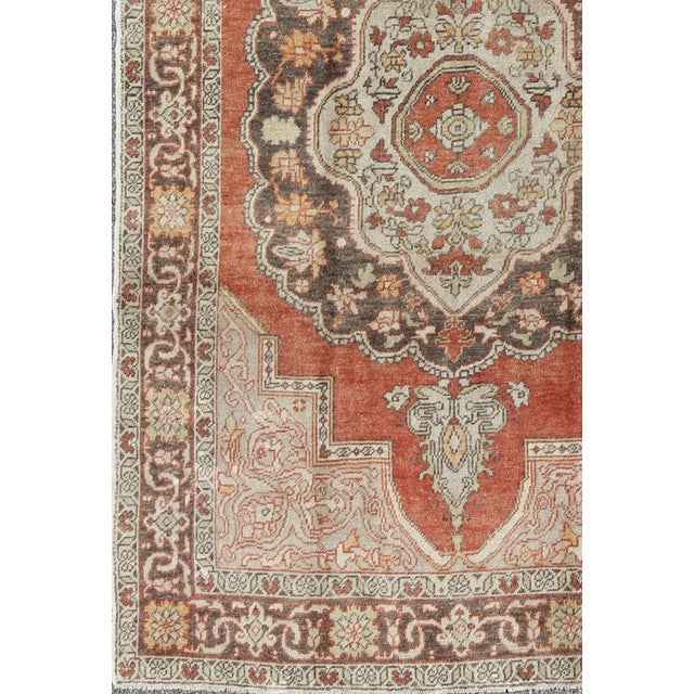 Turkish Antique Turkish Oushak Rug With Floral Medallion in Red, Charcoal and Cream For Sale - Image 3 of 10