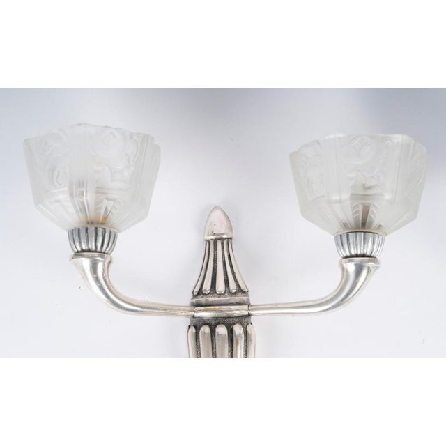 Art Deco Silver-Plated Bronze Wall Sconces with Glass Shades, 1930, Set of 2 For Sale - Image 3 of 8