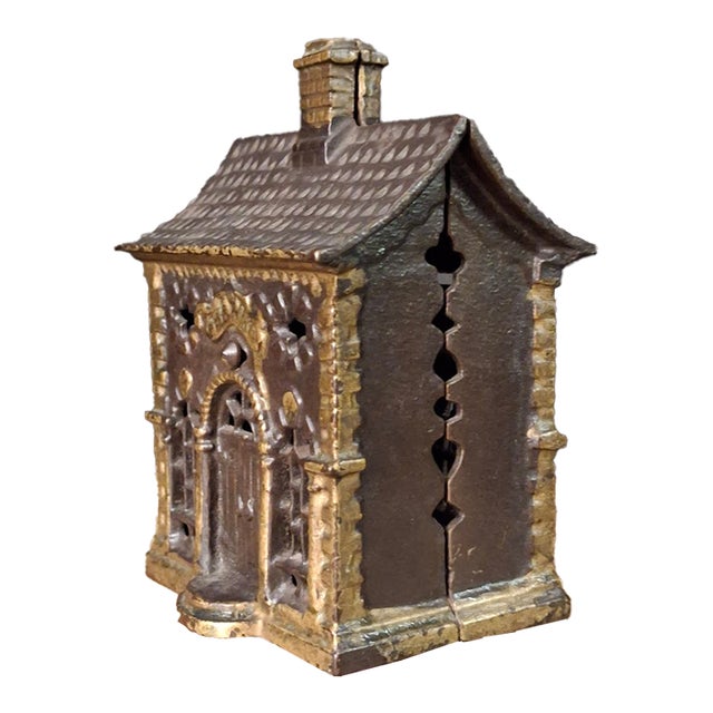 Antique Cast Iron Roof Bank J&e Stevens Architectural Building Still Coin Savings Bank Gold Paint C. 1890 For Sale