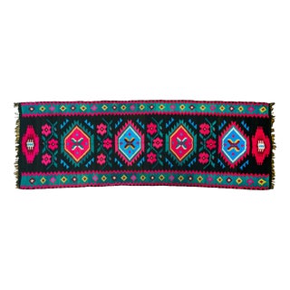 Vintage Romanian Handwoven Wool Flatweave Runner Rug with Geometric Pattern and Fringe, 1960s For Sale