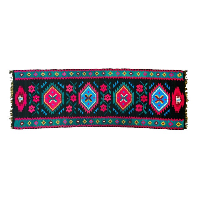 Vintage Romanian Handwoven Wool Flatweave Runner Rug with Geometric Pattern and Fringe, 1960s For Sale